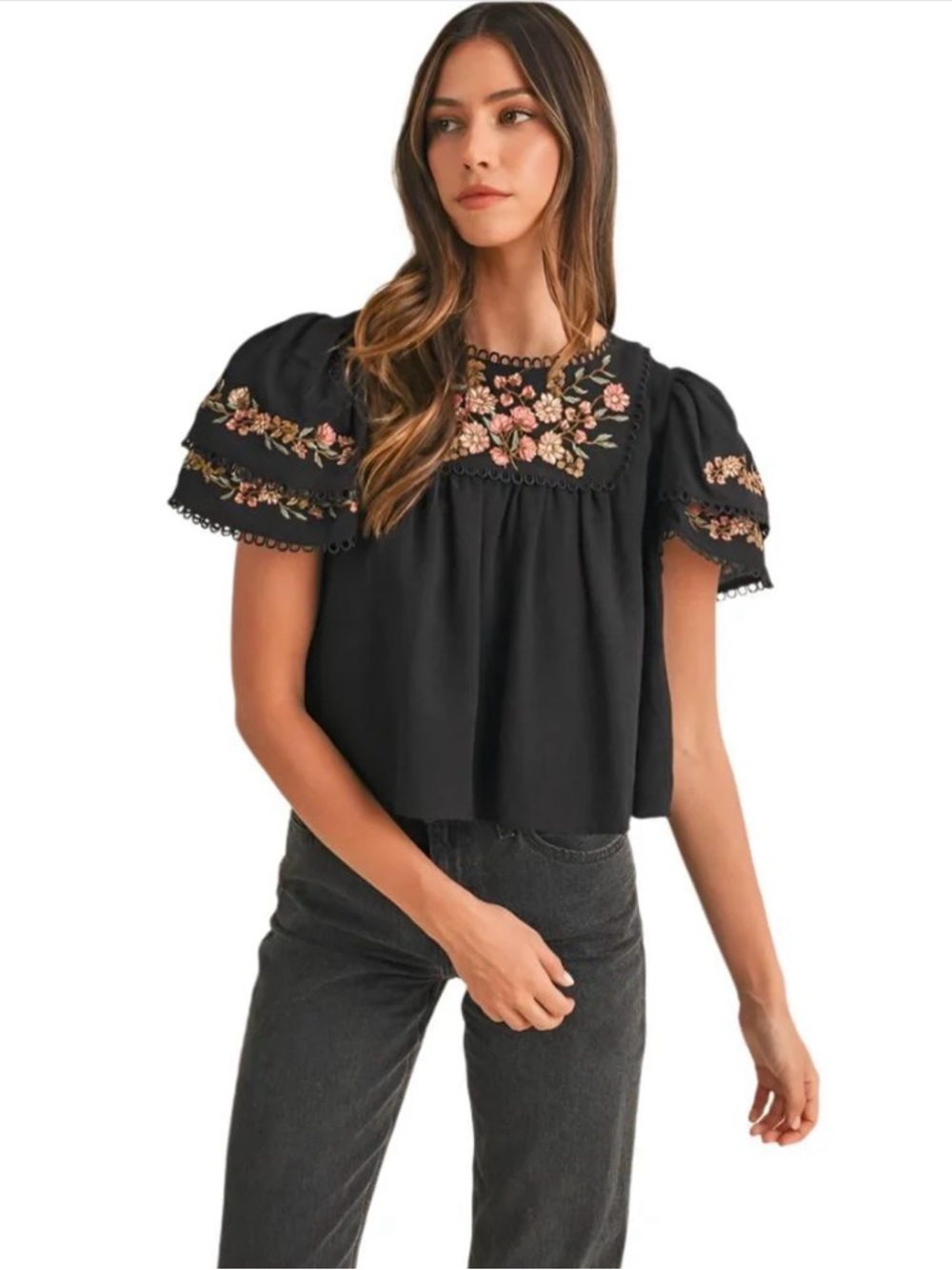 Never wear Black Puff-Sleeve Embroidered Floral Blouse